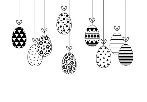 Hanging easter eggs in black line illustration. Stock Illustration