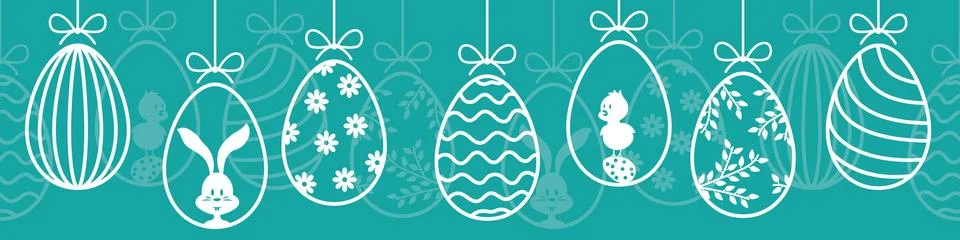Hanging easter eggs seamless pattern banner blue white Stock Illustration
