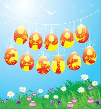 Hanging easter eggs on spring blue sky background イラスト素材