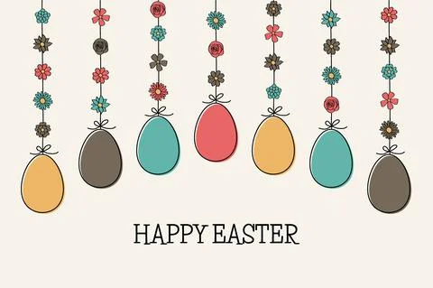 Hanging Easter eggs with wishes. Hand drawn decorations. Greeting card. Vecto Stock Illustration