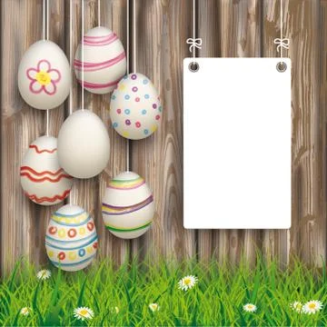 Hanging Easter Eggs Worn Wood White Board Stock Illustration