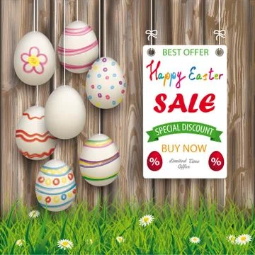 Hanging Easter Eggs Worn Wood White Board Sale Stock Illustration