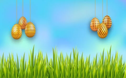 Hanging Easter golden eggs on sky background with green grass. Stock Illustration