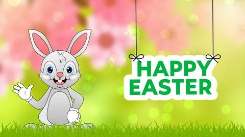 Hanging Easter greetings and cute bunny on green blur background Stock Illustration