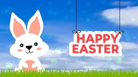 Hanging Easter greetings on blue sky and cute rabbit 스톡 일러스트
