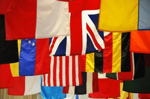 Hanging flags of multi nations Stock Photos