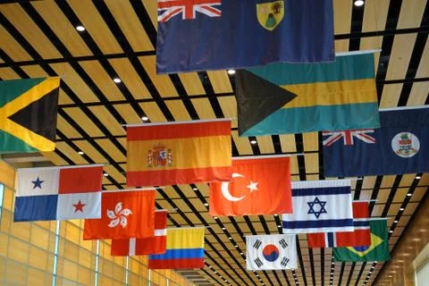 Hanging flags of multi nations Stock Photos
