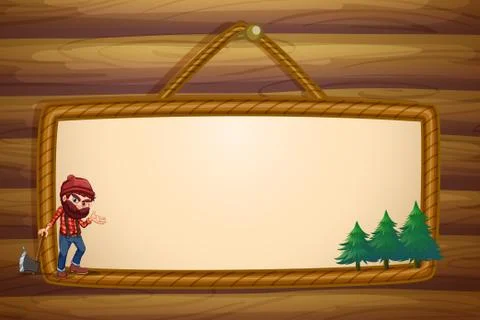 A hanging frame with a lumberjack and three pine trees Ilustración de archivo