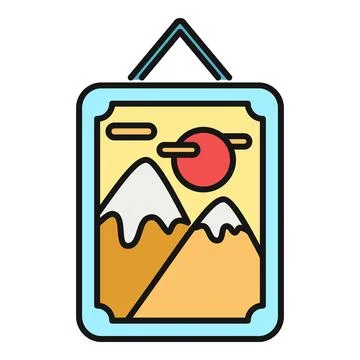 Hanging framed mountain landscape artwork with sun Stock Illustration
