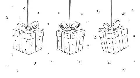 Hanging gift boxes with bows. Tiny stars simple decoration. Good for cards po イラスト素材