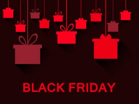 Hanging gift boxes in red. Black Friday. Festive postcard. Vector Illusion Illustrazione stock