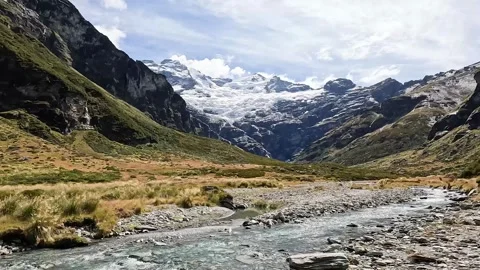 Hanging Glacier and Icefall on Mount Earnslaw, Southern Alps, New Zealand  .. Stock Footage 295012973