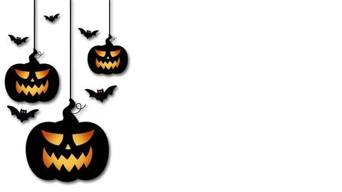Hanging Halloween Pumpkins with Glowing Faces and Flying Bats on White Back.. Stock Illustration