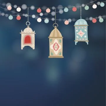 Hanging hand drawn arab lanterns. Strings of colorful light bulbs, night party Illustrazione stock