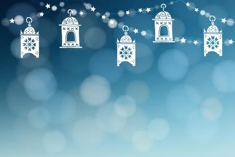 Hanging hand drawn white arabic lanterns. String of lights and stars. Festive Stock Illustration