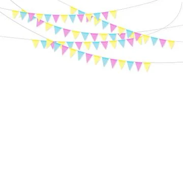 Hanging holiday flags of different colors on a white background Stock Illustration