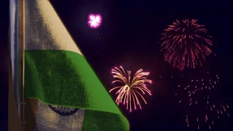 Hanging India flag on firework sky bokeh bg Stock Footage 208833977