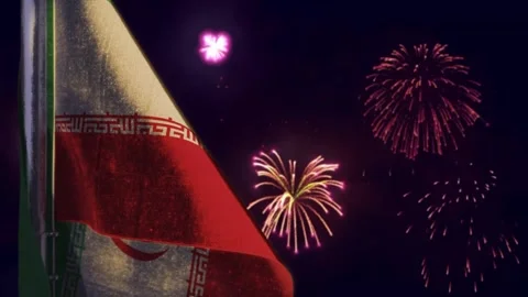 Hanging Iran flag on firework sky bokeh bg Stock Footage 291781039