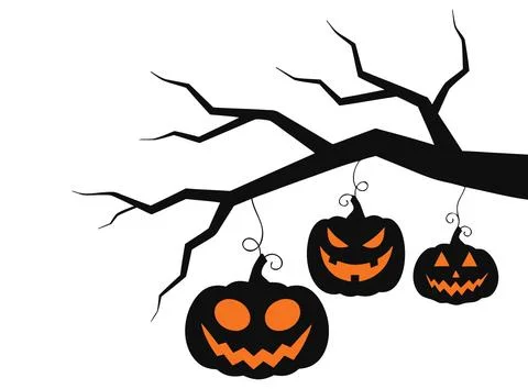 Hanging jack o lantern pumpkins on tree branch vector Stock Illustration