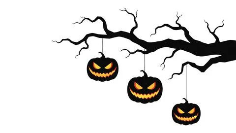 Hanging jack o lantern pumpkins on spooky tree branch vector Stock Illustration