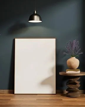 Hanging lamp over white frame leaning on blue wall an lavender vase on wood.. Ilustração Stock