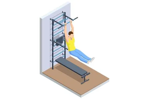 Hanging leg raises. Isometric vector illustration of a man performing hanging 스톡 일러스트