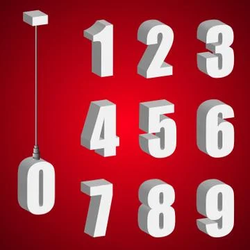 Hanging light bulb digits. 3d isometric numbers. Pendant white bold numeral Illustrazione stock