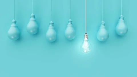 Hanging light bulbs with glowing one different idea on blue background. Minim Stock Footage 119012253