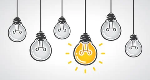 Hanging light bulbs with one glowing. Vector illustration. Stock Illustration