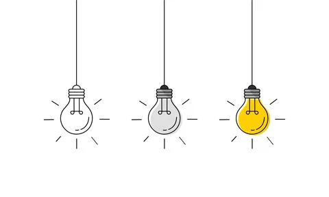 Hanging light bulbs with one glowing on white background. Continuous line dra Stock Illustration