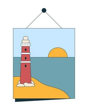Hanging lighthouse wall art with sunset 2D cartoon object Stock Illustration