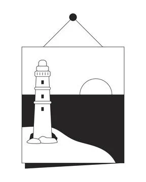 Hanging lighthouse wall art with sunset 2D line object Stock Illustration