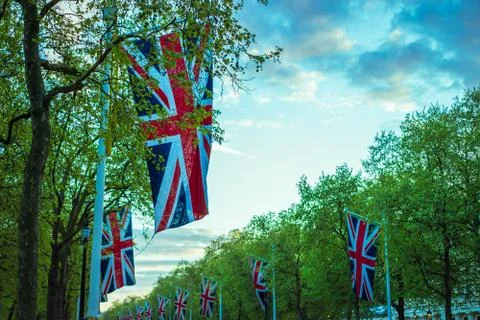 Hanging Mall flags blue Stock Photos