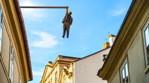 Hanging man in Prague Stock Photos