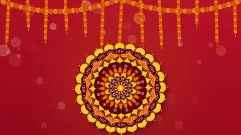 Hanging marigold flower strings and garlands over an ornate mandala on red Vídeos de archivo 348261567