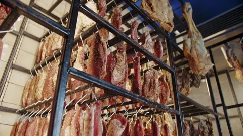 Hanging Meat for Drying or Smoking Process Stock Footage 301530721