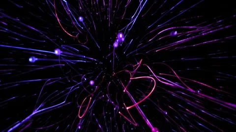 Hanging neon light strings in dark space - immersive exhibition Stock Footage 308114311