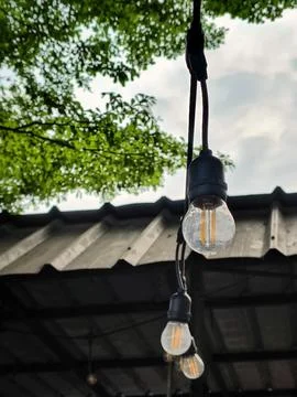 Hanging outdoor string lights with blurred tree and roof background Stock Photos