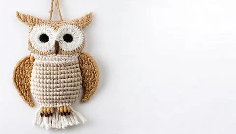 Hanging owl Macrame is a form of textile produced using knotting rather tha.. Foto stock