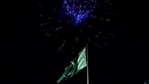 Hanging Pakistan flag on firework sky bokeh background (11) Stock Footage 284442138