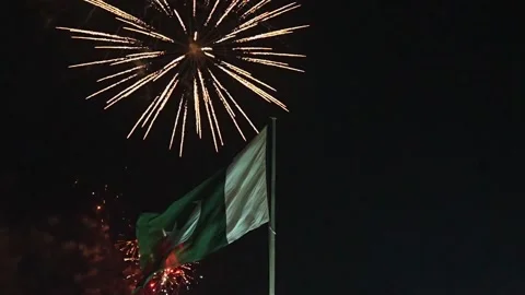 Hanging Pakistan flag on firework sky bokeh background (14) Stock Footage 284446217