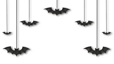 Hanging Paper Cut Black Bats Halloween Background Border Frame. Stock Illustration