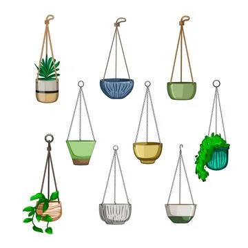 Hanging planter set cartoon vector illustration Stock Illustration