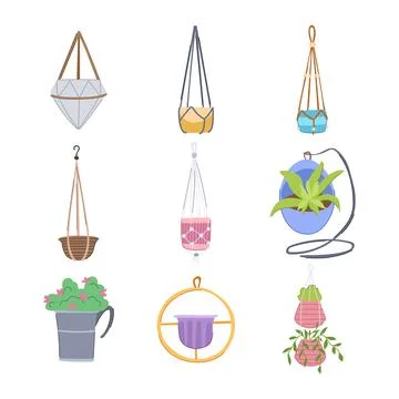 Hanging planter set cartoon vector illustration Stock Illustration