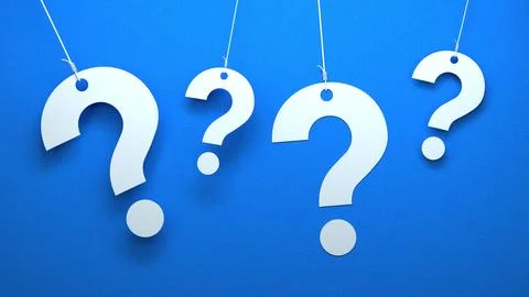 Hanging question marks 3d render blue background Stock Photos