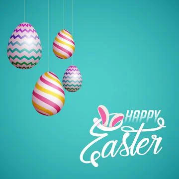 Hanging Realistic Painted Eggs on Turquoise Background for Happy Easter Cel.. Stock Illustration