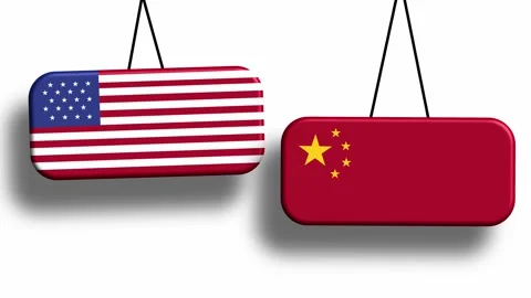 Hanging rectangular flags of USA and China displayed 스톡 동영상 321865643