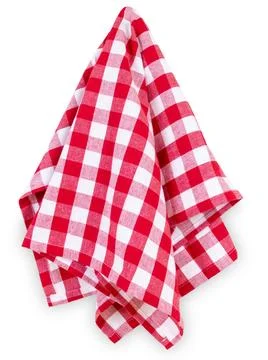 Hanging red checkered kitchen table towel isolated on white. Traditional picnic Stock Photos