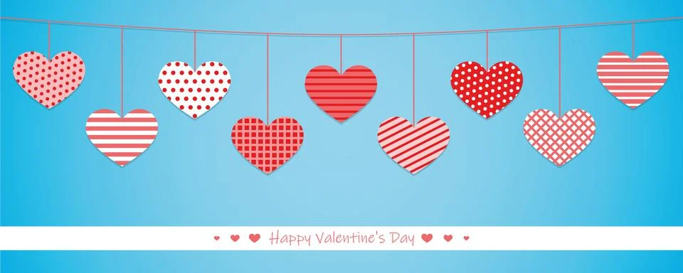 Hanging red hearts with different pattern on blue background for イラスト素材