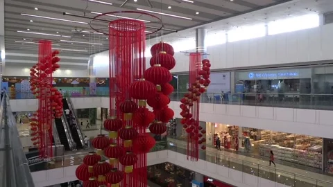 Hanging Red Lanterns Inside A Mall During Chinese New Year Stock Footage 170608955